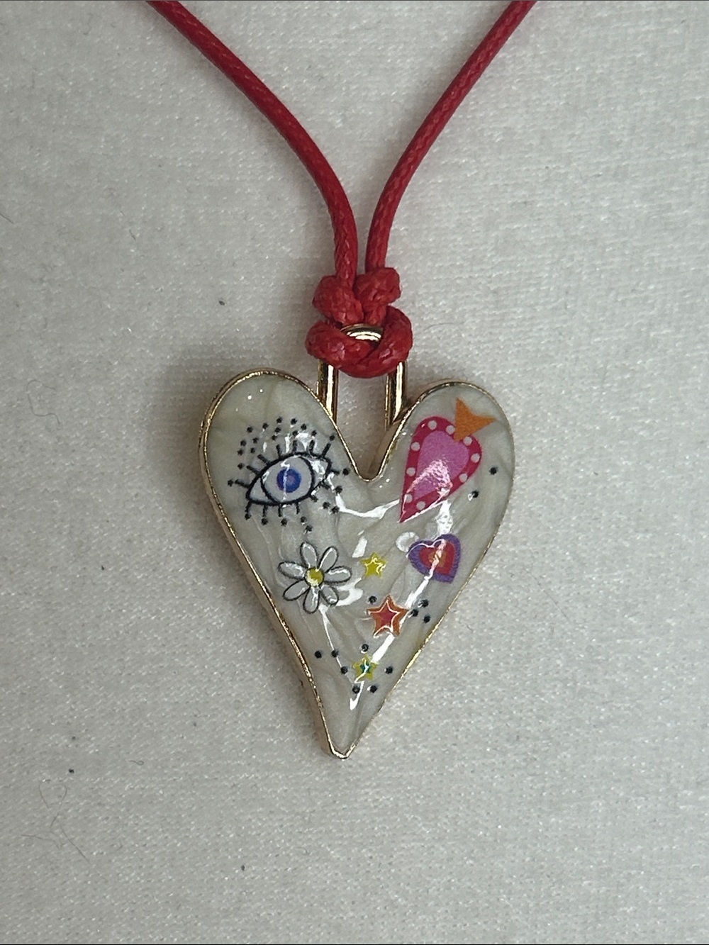 Handcrafted Red Cord 18” Dia Heart 1.25” Pendant Necklace with Big Eye New